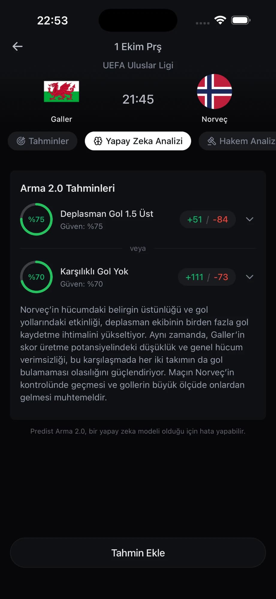 Maç detayı yapay zeka analizi ekranı