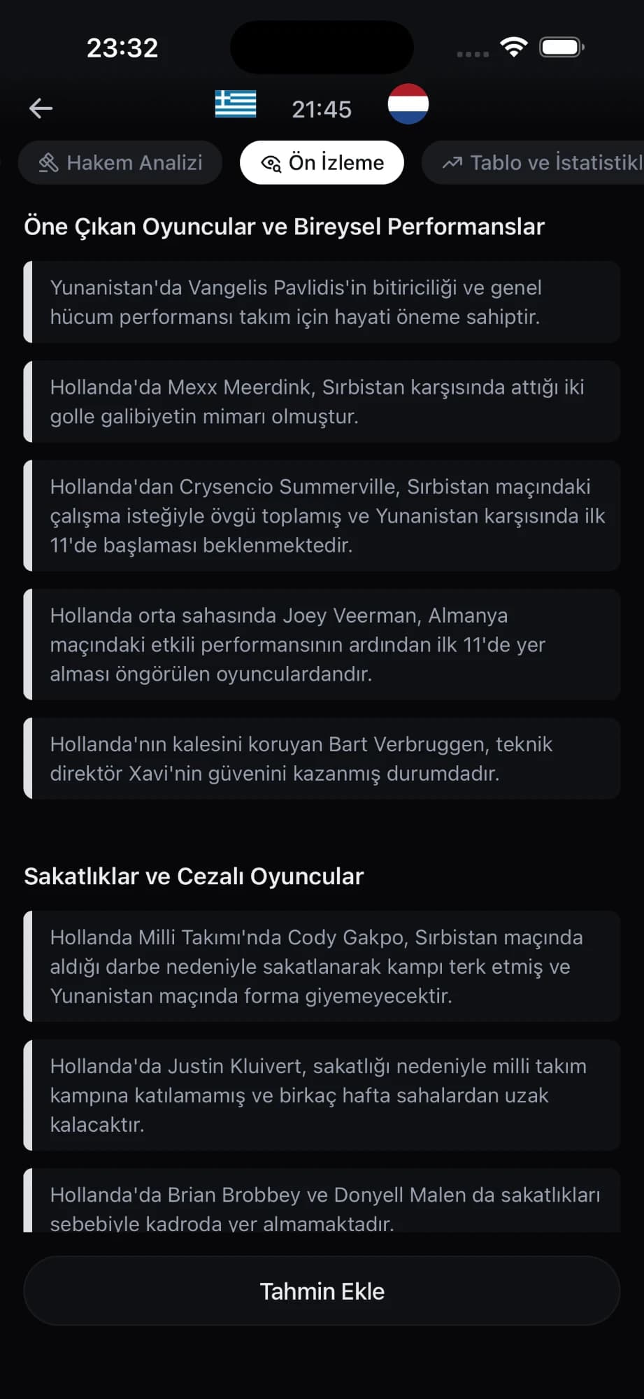 Maç ön izleme ekranı